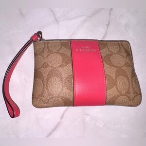 COACH “Corner Zip” Wristlet pink & Khaki Canvas & Leather Vertical Stripe EUC